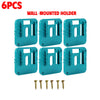 Six wall-mounted plastic holders for battery storage with carry handles