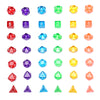A collection of multicolor polyhedral dice, including d6, d5, d3, d8, and d10, displayed in various colors and shapes.