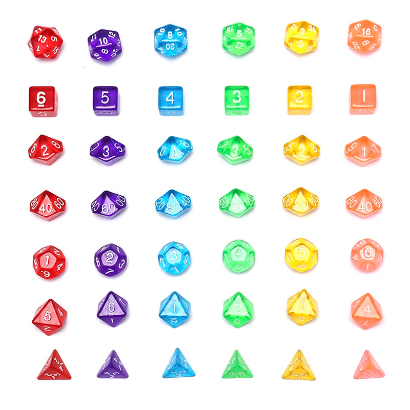 A collection of multicolor polyhedral dice, including d6, d5, d3, d8, and d10, displayed in various colors and shapes.