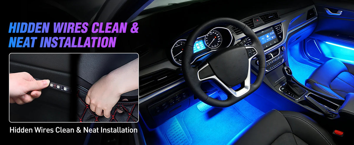Close-up of a car interior showing hidden wires clean and neat installation for an LED music light kit.