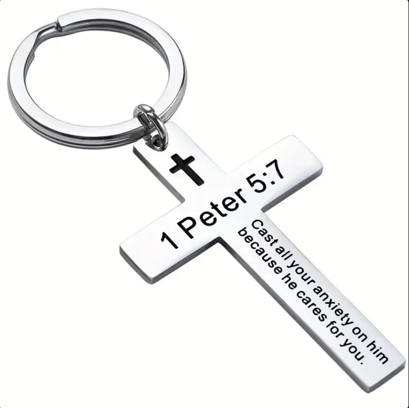 Stainless Steel Cross Keychain with Scripture