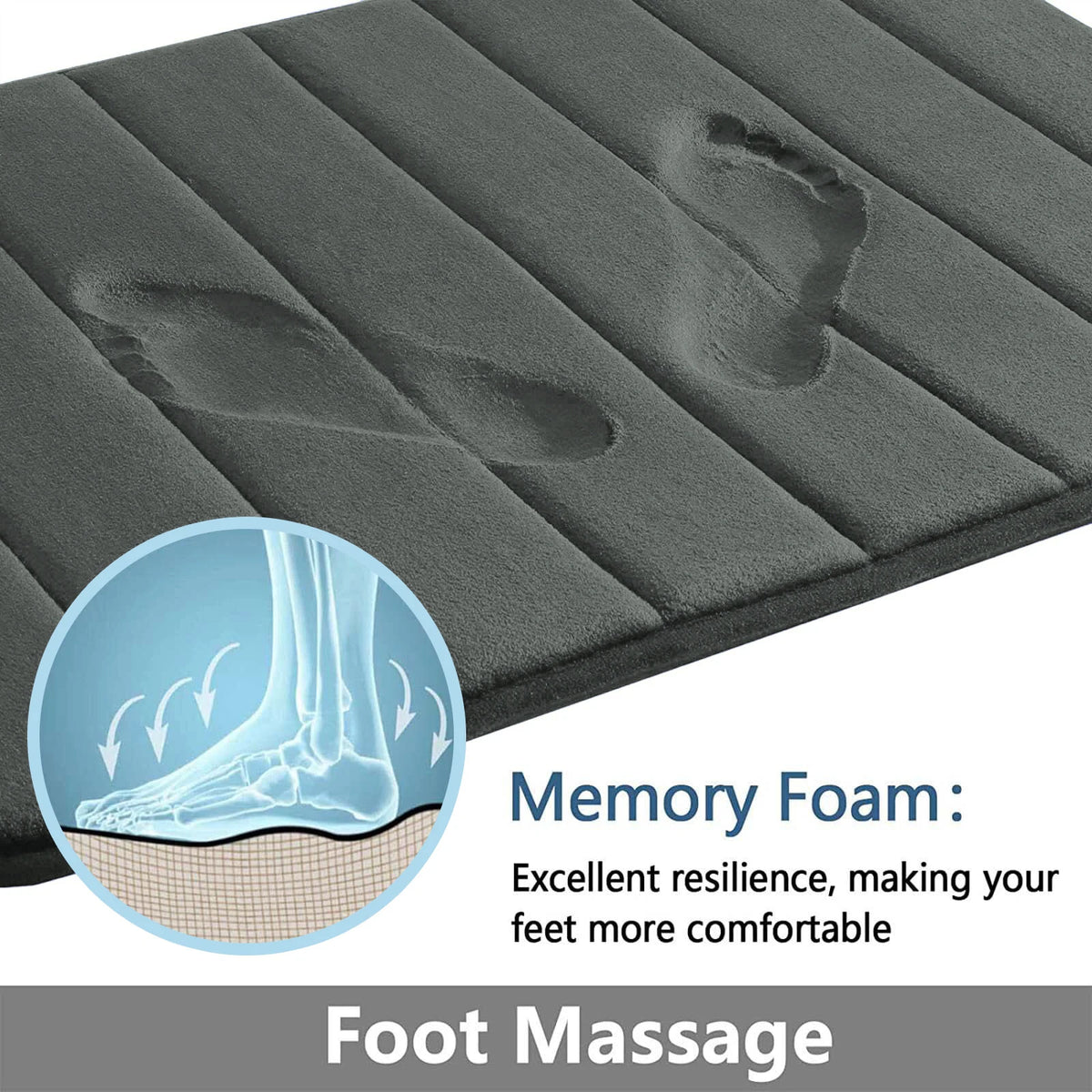 Graue Memory-Foam Fußmassagematte mit Fußabdruck und Nahaufnahme der Schaumstruktur.