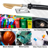 A gold and black hot stapler iron is shown next to various plastic toys, recycling bins, a car dashboard, a work helmet, and 