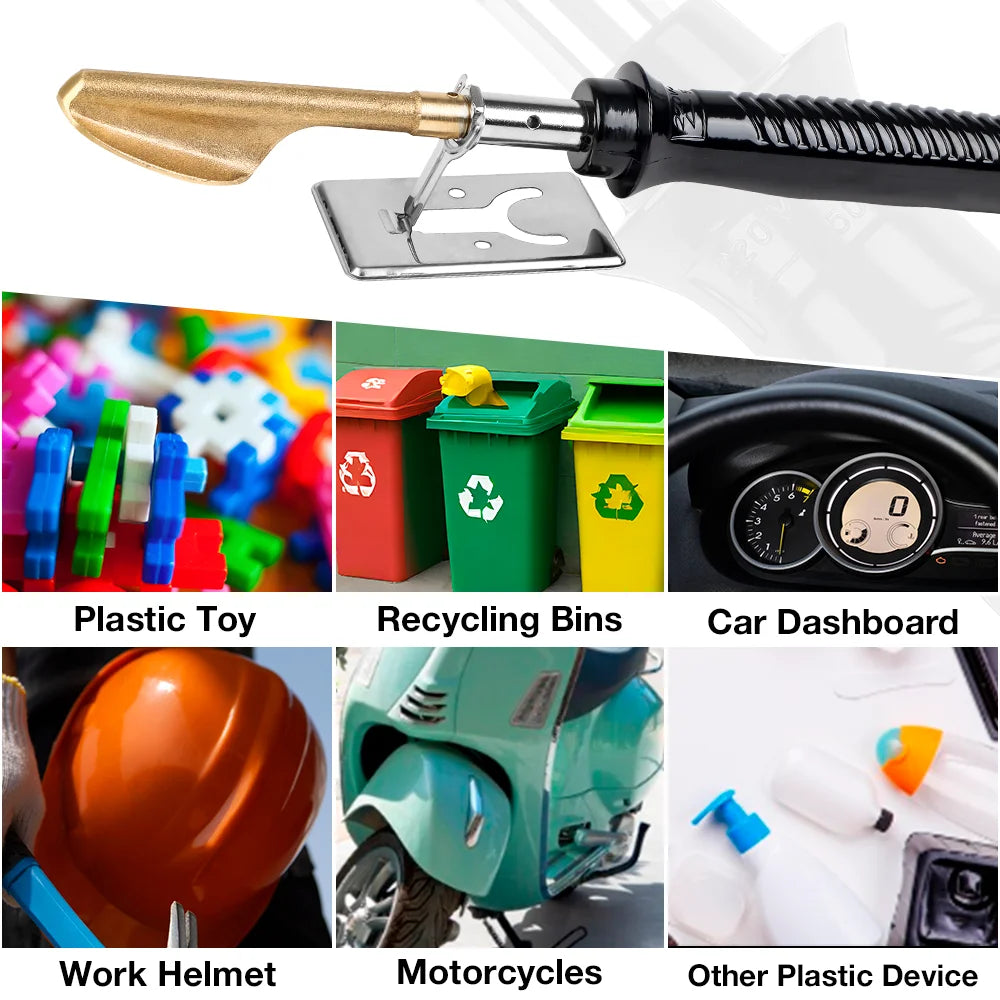A gold and black hot stapler iron is shown next to various plastic toys, recycling bins, a car dashboard, a work helmet, and 