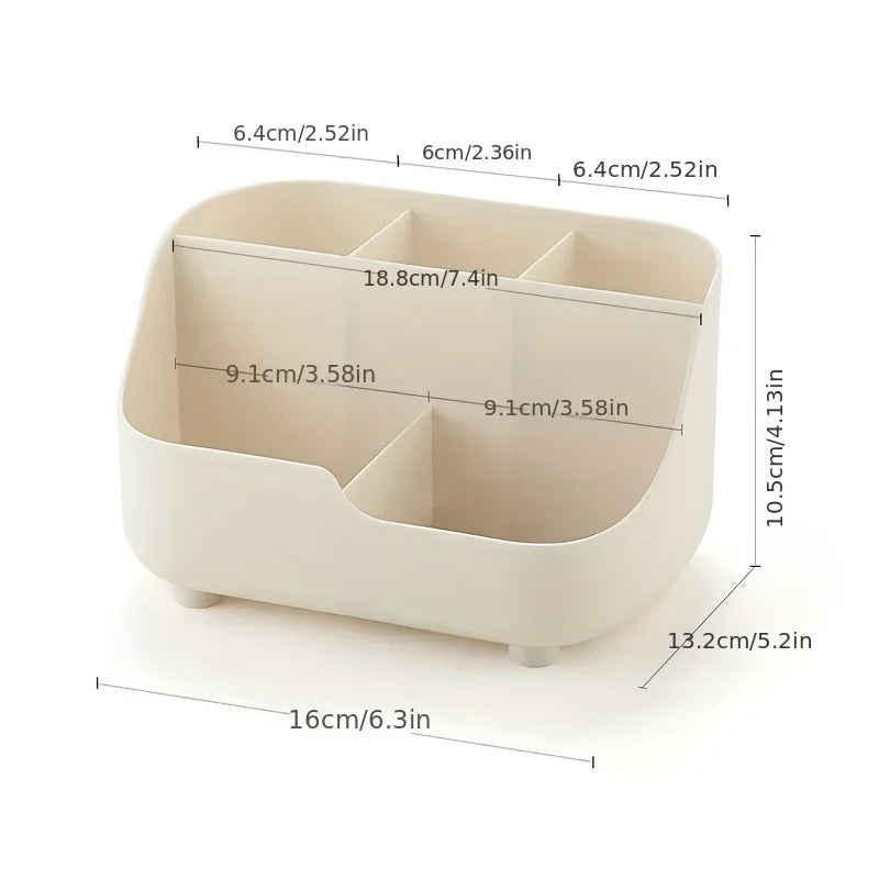 A beige acrylic five-compartment desk organizer with various dimensions shown.