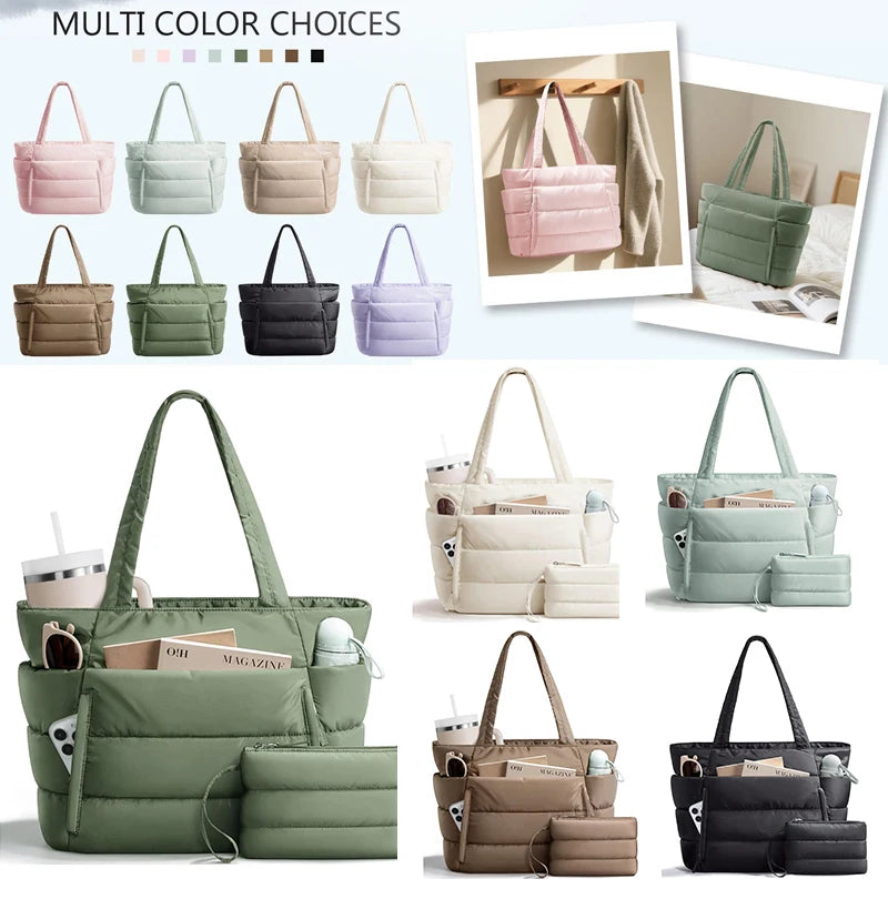 A variety of multi-color quilted puffy tote bags and laptop sleeves in shades of pink, green, beige, and black.