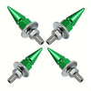 A set of green and silver rust-resistant license plate screws with conical tips.