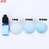 A set of liquid candle dyes in blue shades shown with 1, 5, and 10 drops on a white background.