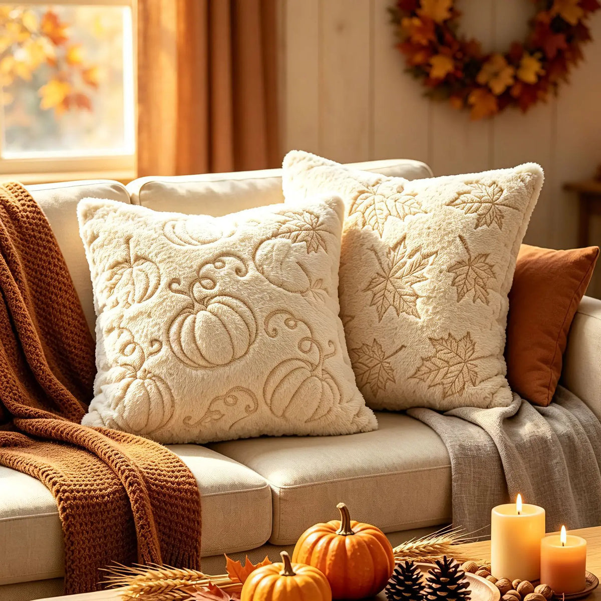 A collection of cream-colored plush throw pillows featuring pumpkin and maple leaf embroidery, displayed on a sofa with autum