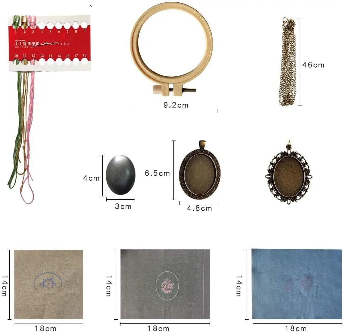 A set of floral embroidery necklace craft kits including a gold hoop, various threads, and finished necklaces.