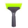 A black car windshield ice scraper and squeegee with a bright neon green blade.
