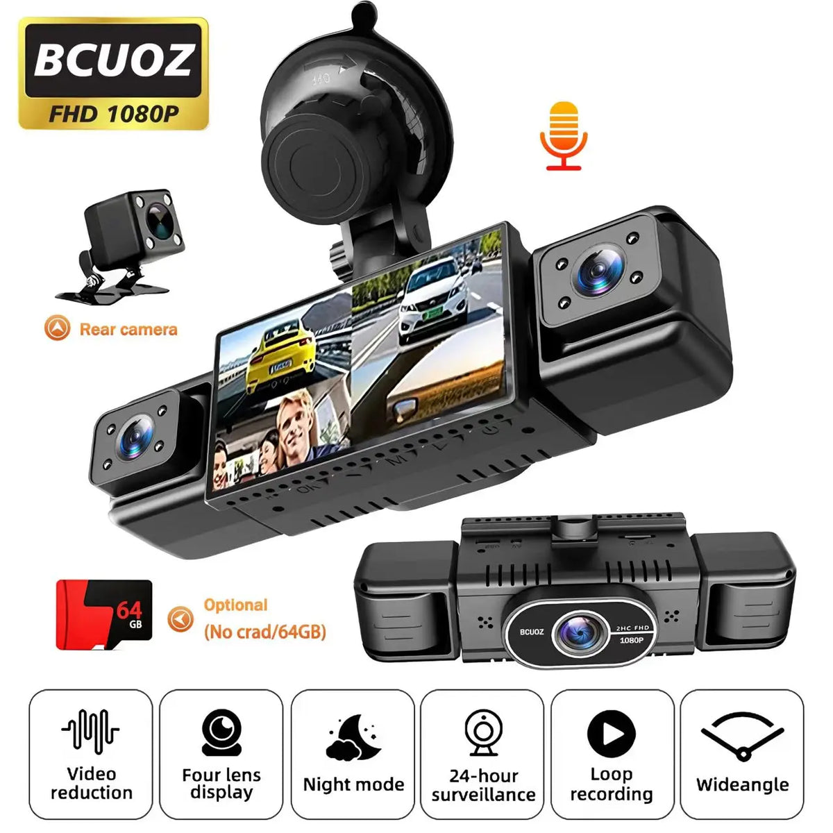 Black dashcam featuring four lenses, night mode, and loop recording capabilities.