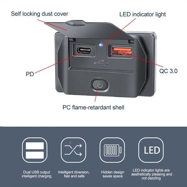 A black PC flame-retardant shell dual USB car charger adapter with PD and QC 3.0 fast charging features.