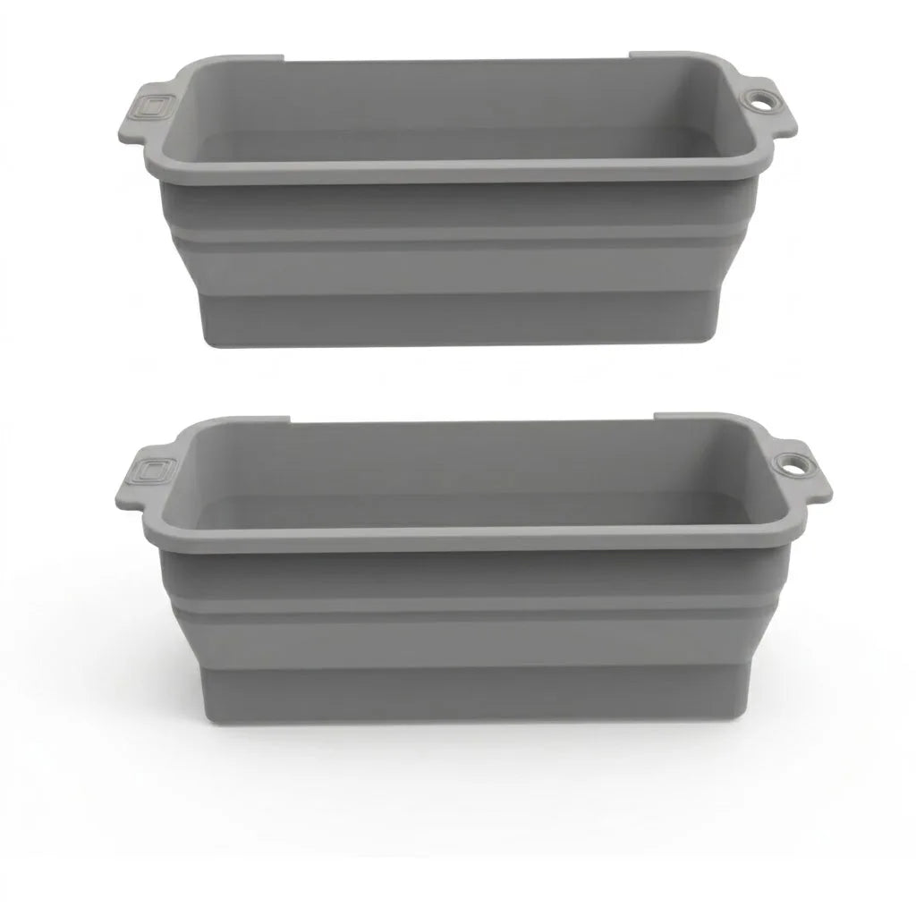 A gray reusable silicone grease liner for a griddle pan shown in two views.