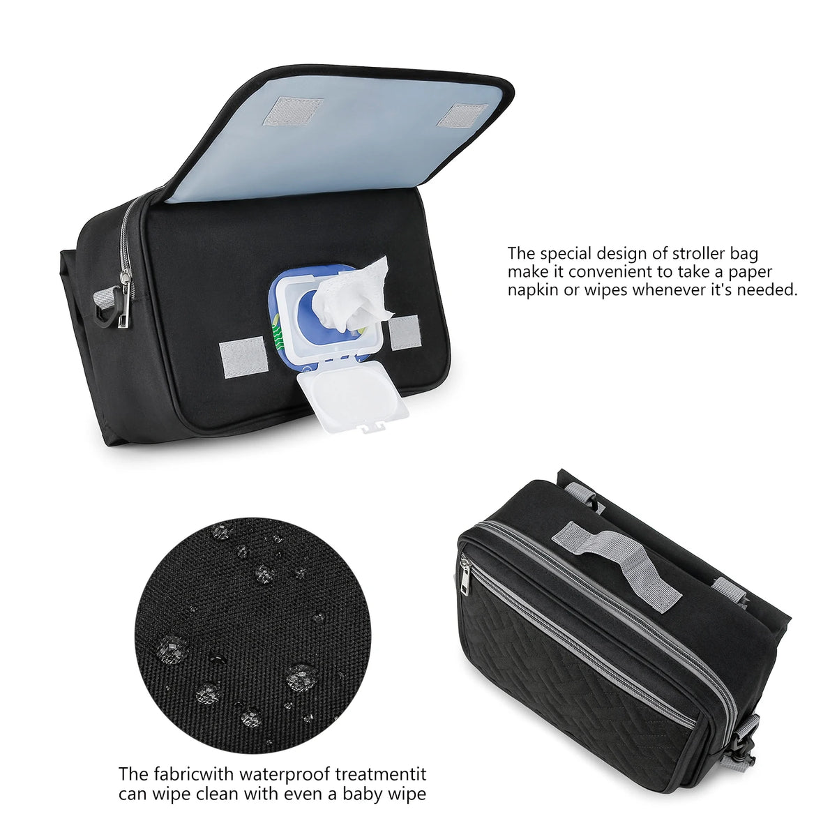 Black stroller diaper bag organizer featuring a changing mat and waterproof fabric for cleaning.