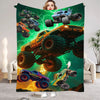 A colorful illustration of various monster trucks in action on a green background.
