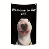 A black tapestry wall hanging featuring a funny bull terrier meme face.