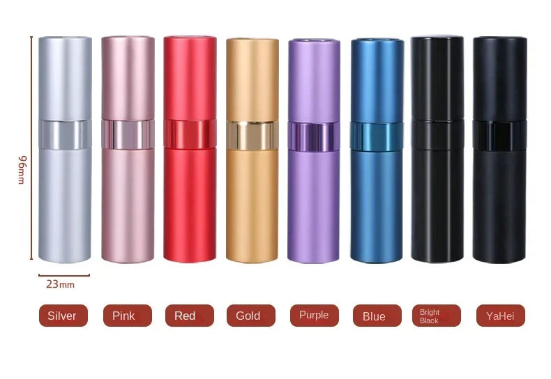 A row of refillable aluminum perfume atomizers in various colors including silver, pink, red, gold, purple, blue, bright blue
