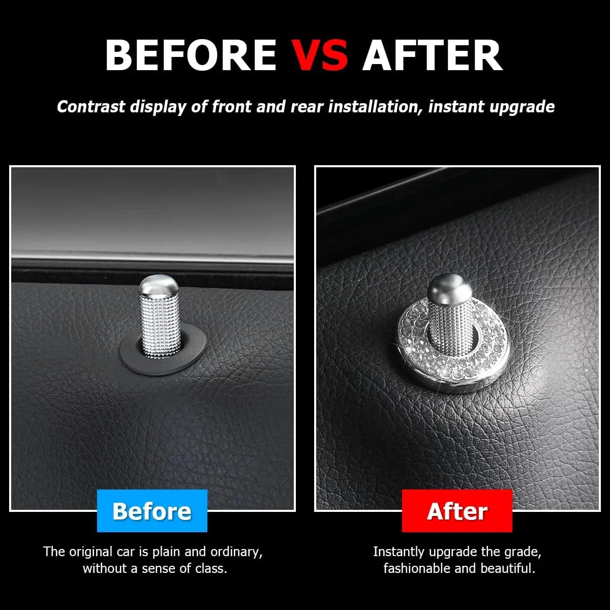 Before and after comparison showing a car door lock pull cover upgrade with crystal rhinestones