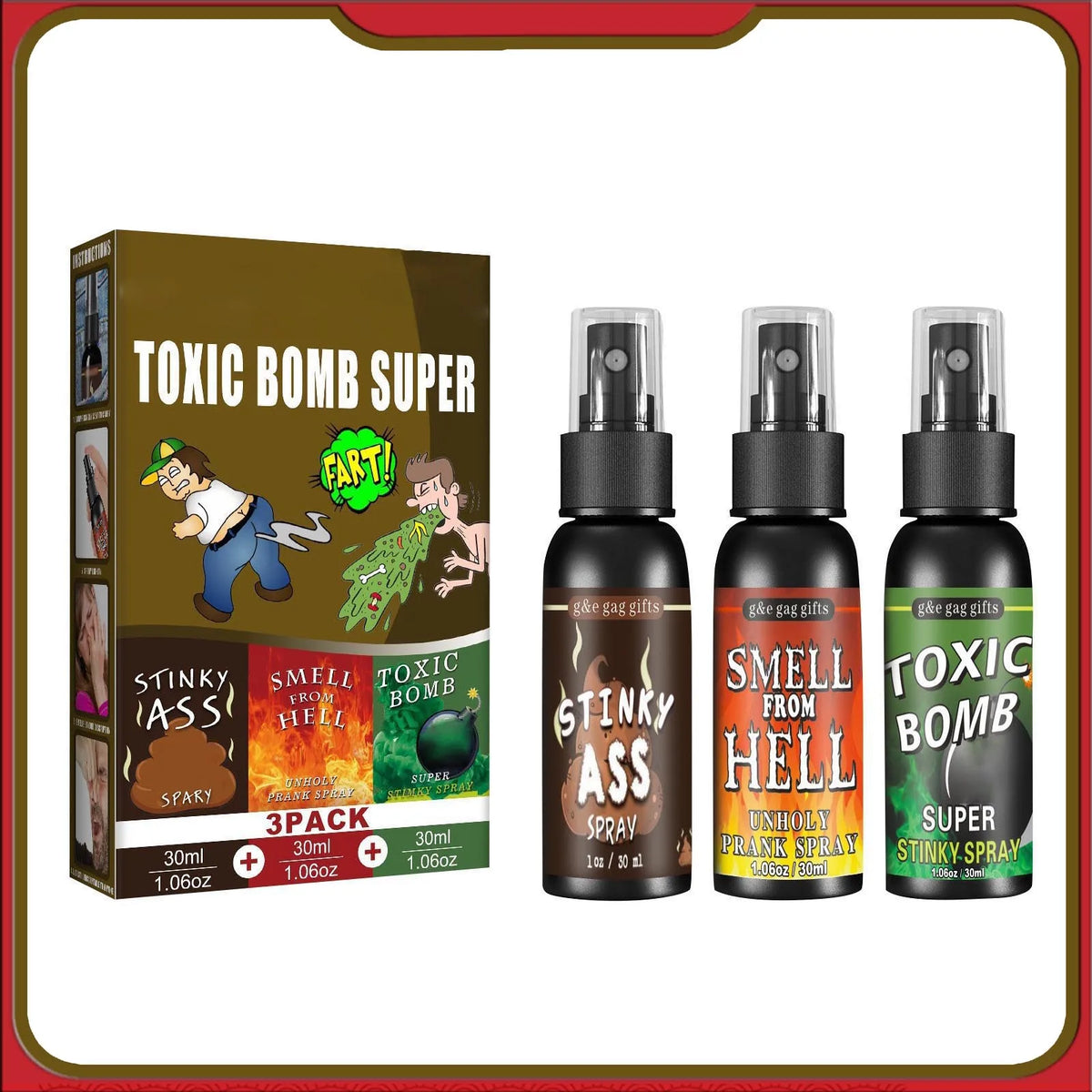 A set of three bottles of Toxic Bomb Super stink spray for pranks.
