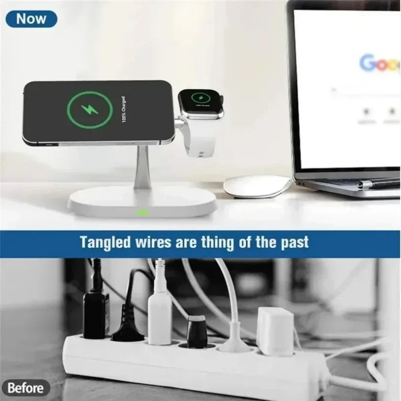 A magnetic wireless charging station setup showing a smartphone, Apple Watch, and AirPods charging on a white surface.