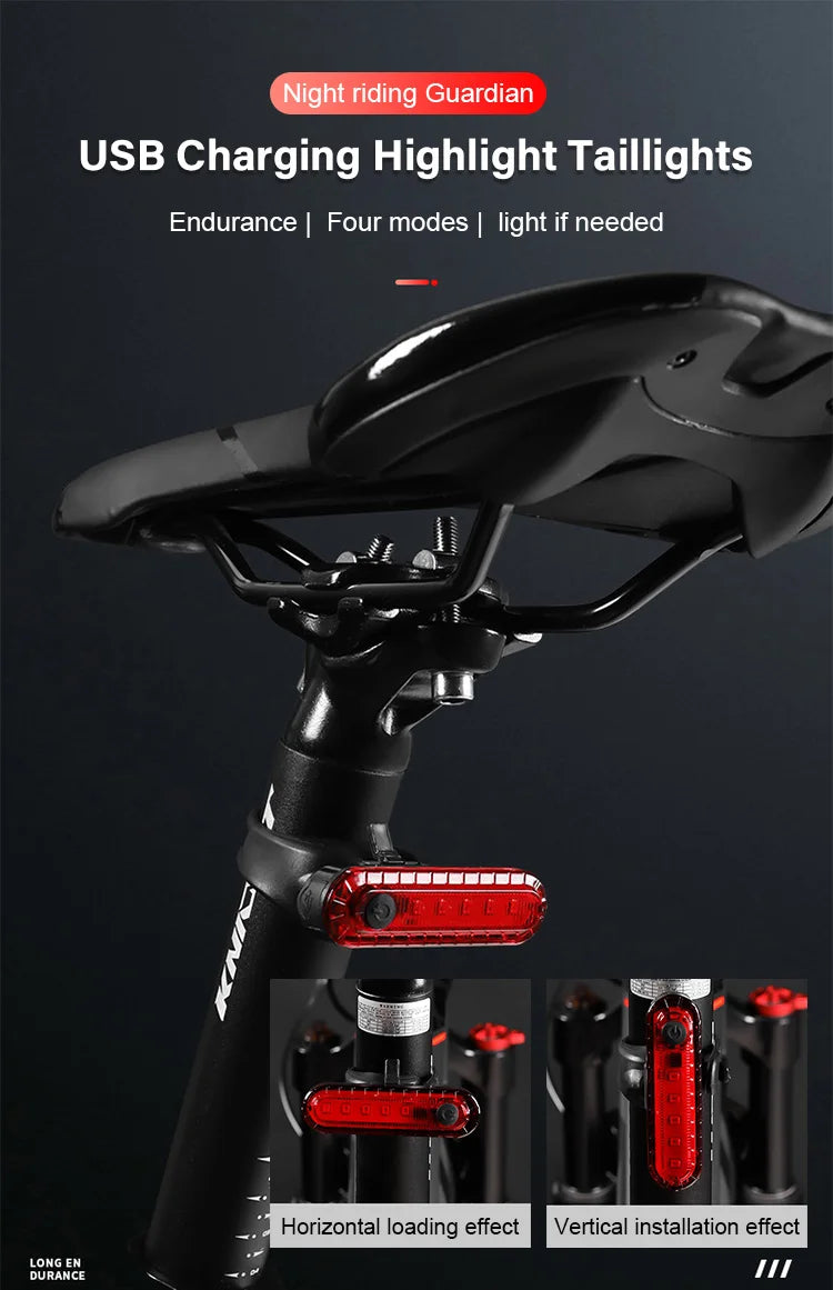 Close-up of a black bicycle handlebar featuring an LED taillight, highlighting horizontal and vertical installation effects.
