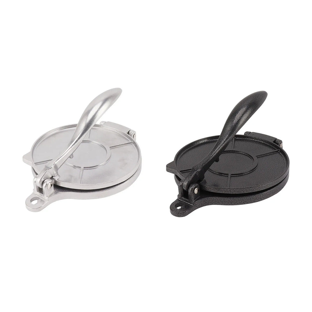 A manual aluminum tortilla press with a silver plate and black handle.