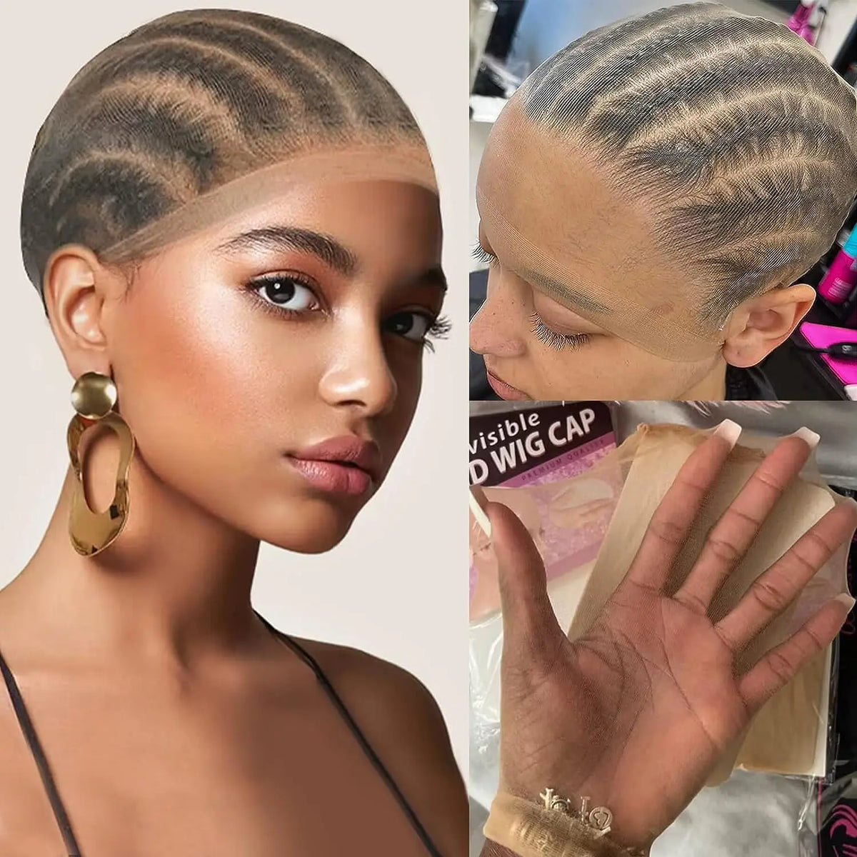 Close-up of a model with a slicked-back lace front wig hairstyle and gold earrings, showing the texture of the invisible HD w
