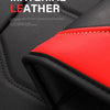 Close-up of black and red leather material showing texture and stitching details.
