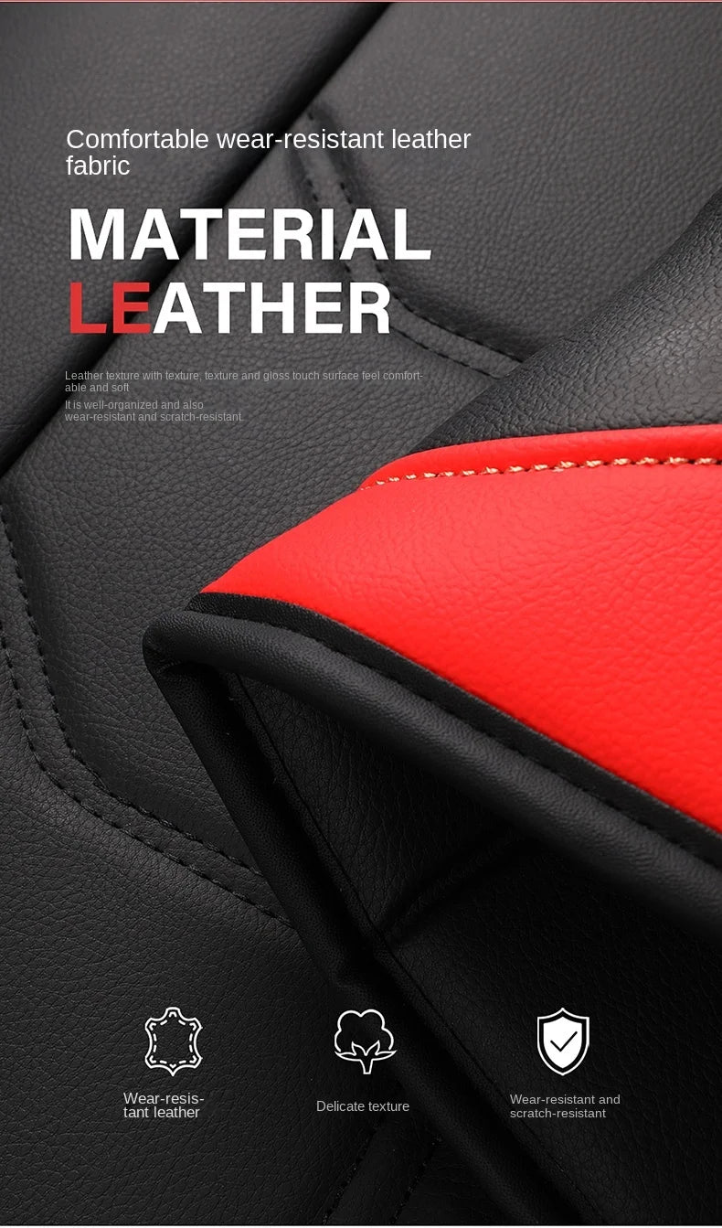 Close-up of black and red leather material showing texture and stitching details.