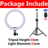 A white selfie ring light with a tripod stand and phone holder.
