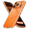 An orange phone with a clear silicone case is shown in an X-shape, highlighting the design.