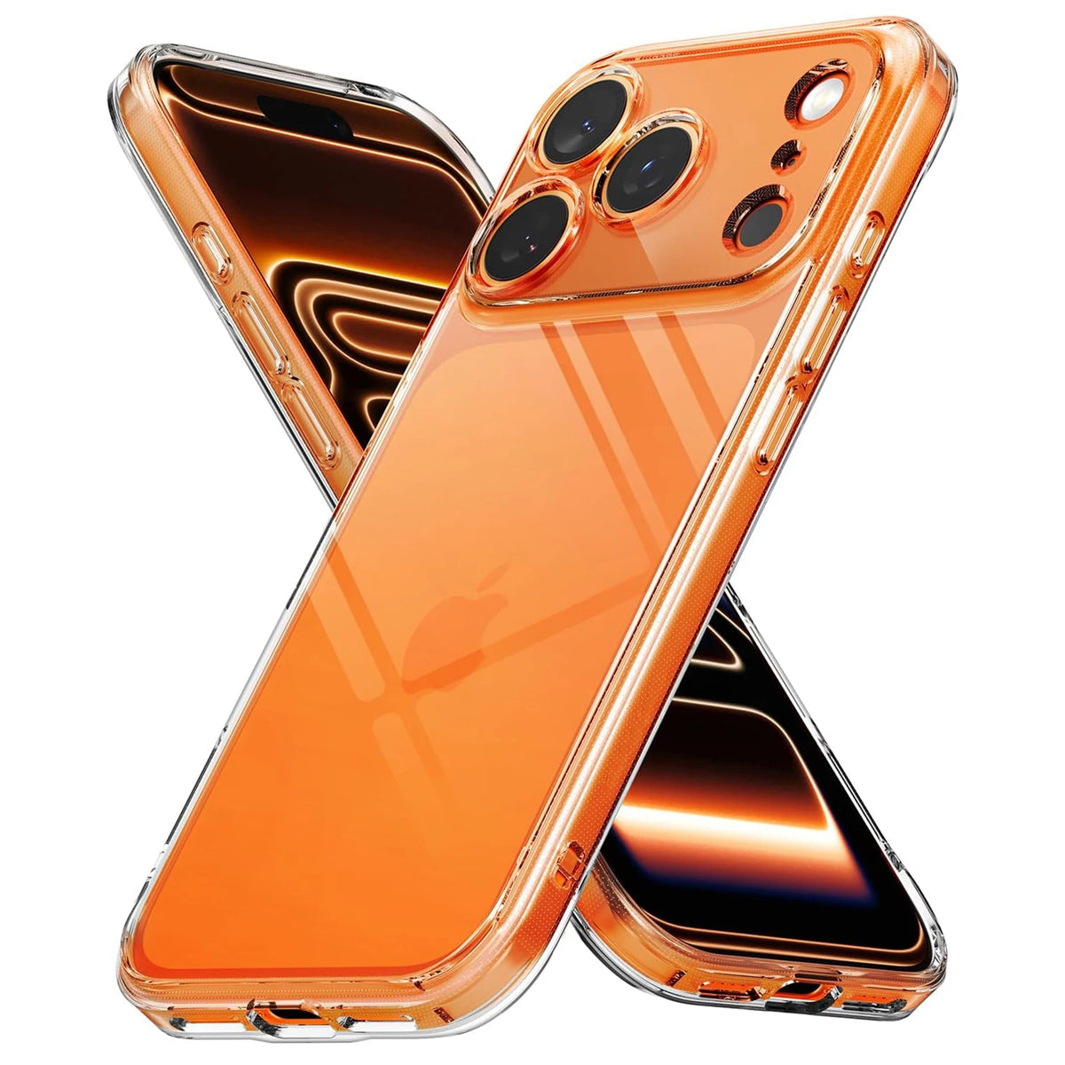 An orange phone with a clear silicone case is shown in an X-shape, highlighting the design.
