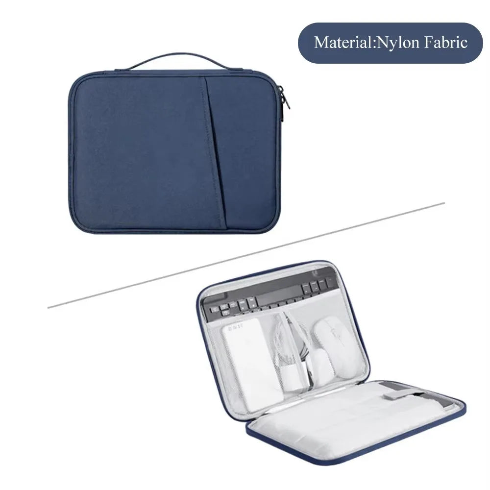 A navy blue nylon fabric padded laptop sleeve bag with a zippered closure and an open compartment for accessories.