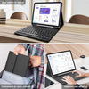 A black detachable wireless keyboard case for an iPad, shown next to a laptop and in a backpack.
