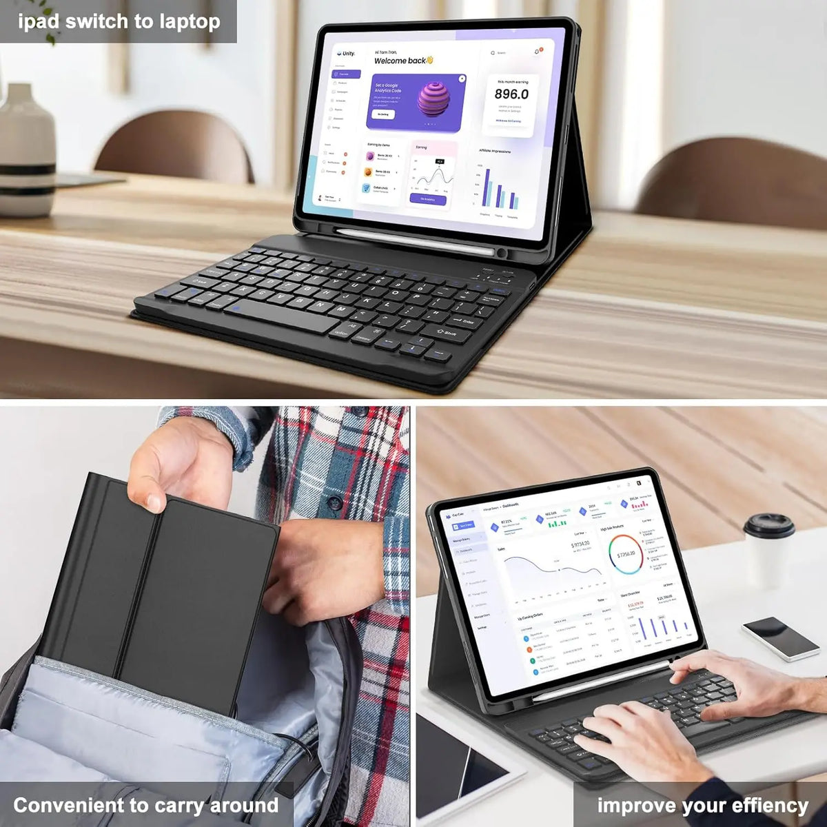 A black detachable wireless keyboard case for an iPad, shown next to a laptop and in a backpack.