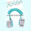A turquoise stretchable wrist link strap for toddlers, shown coiled and attached to a buckle.