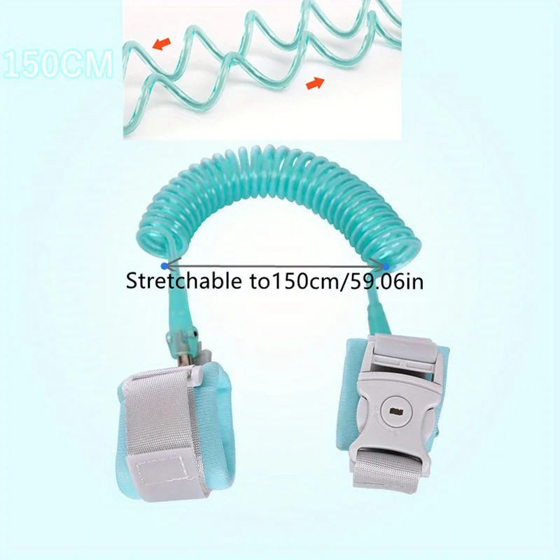 A turquoise stretchable wrist link strap for toddlers, shown coiled and attached to a buckle.