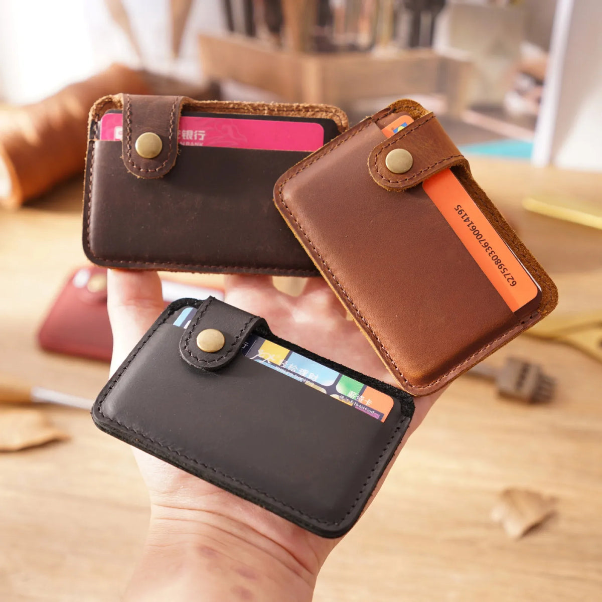 Vintage Leather Slim Card Holder with Snap Closure