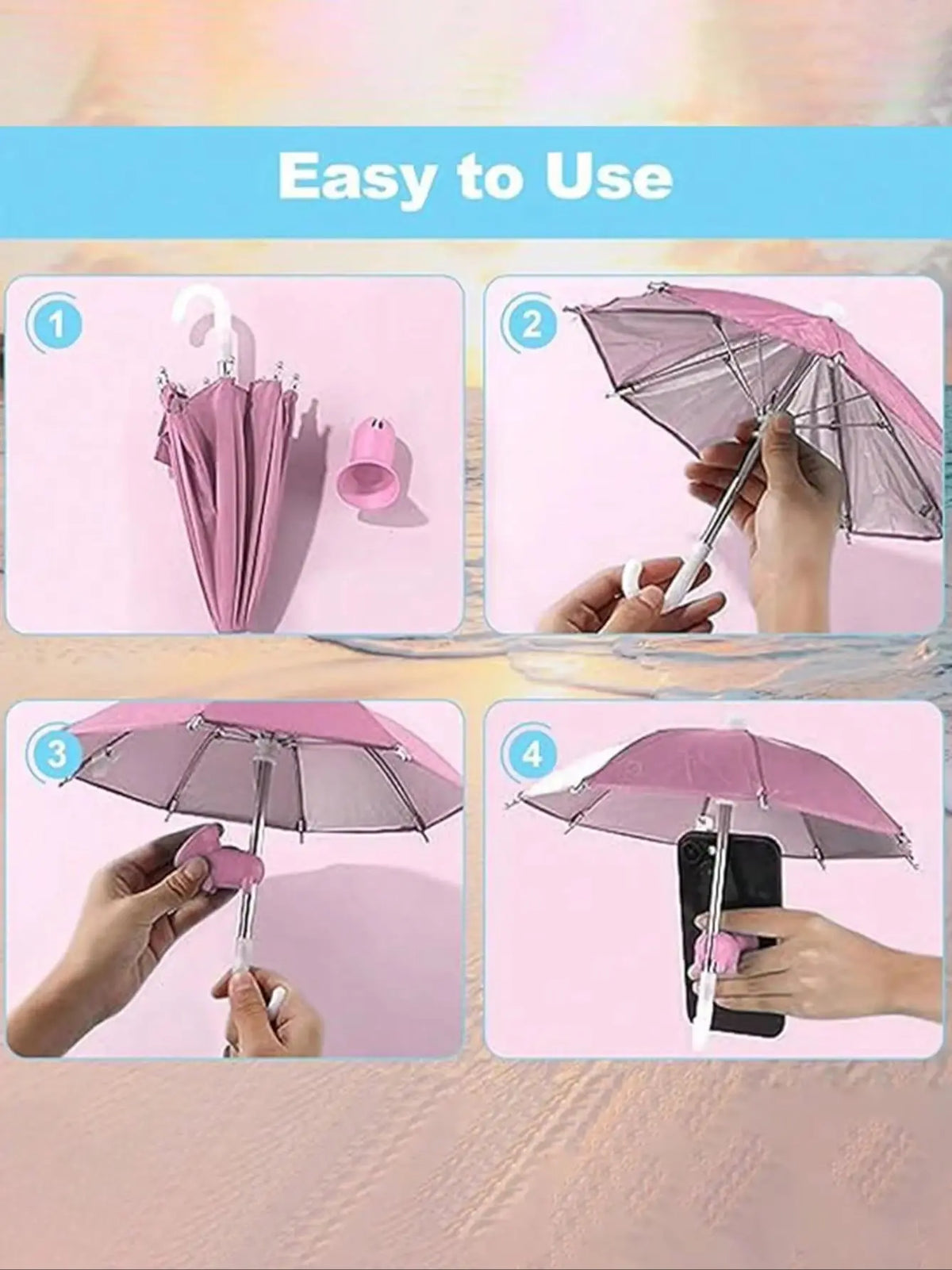 Four steps showing how to use a UV-blocking phone sunshade with an adjustable suction cup stand.