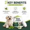 A jar of Kriath Pet Dental Cleaning Powder with a dog, leaves, and a white lid.