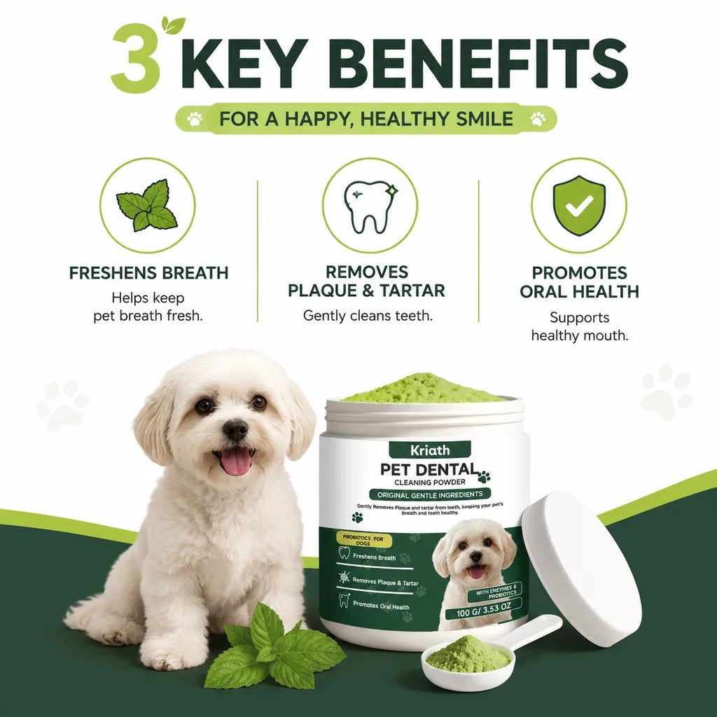 A jar of Kriath Pet Dental Cleaning Powder with a dog, leaves, and a white lid.