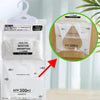 A white hanging moisture absorber bag with a hook type design is shown next to an inset illustrating its capacity.