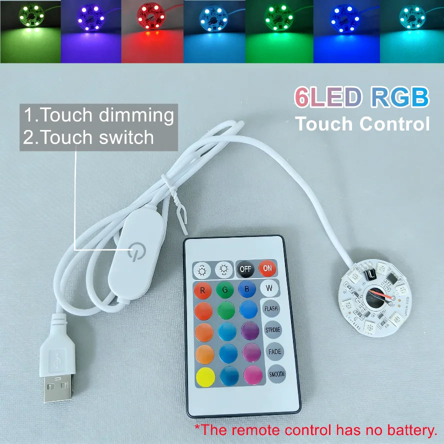 A USB LED light board with a remote control featuring touch dimming and switch functions, showing various colored lights.