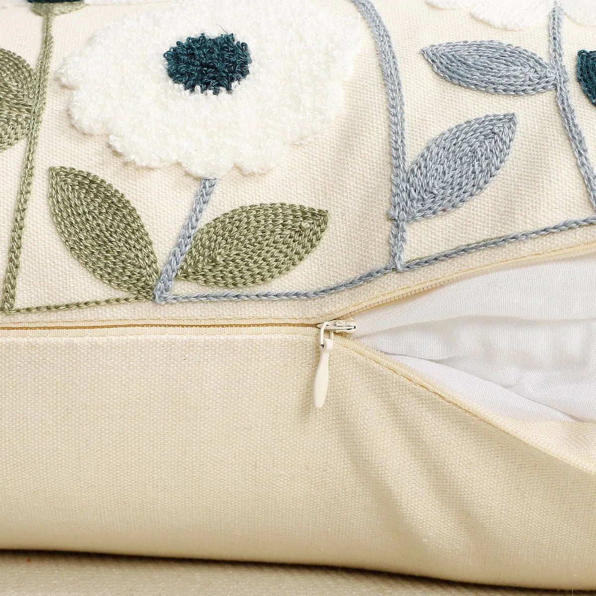 A close-up of a cream fabric with a floral embroidered pattern featuring white and blue flowers and green leaves.