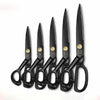 A set of twelve professional heavy-duty fabric shears for tailoring and leatherwork, black in color.