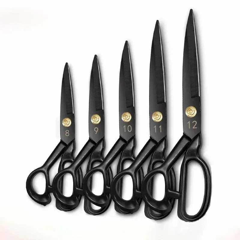 A set of twelve professional heavy-duty fabric shears for tailoring and leatherwork, black in color.