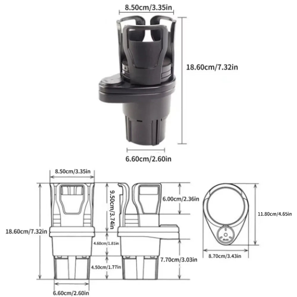 A black adjustable 2-in-1 car cup holder with an expandable base shown from the top and side views.