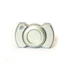 A silver stainless steel fidget spinner and slider with a round center and two side grips.