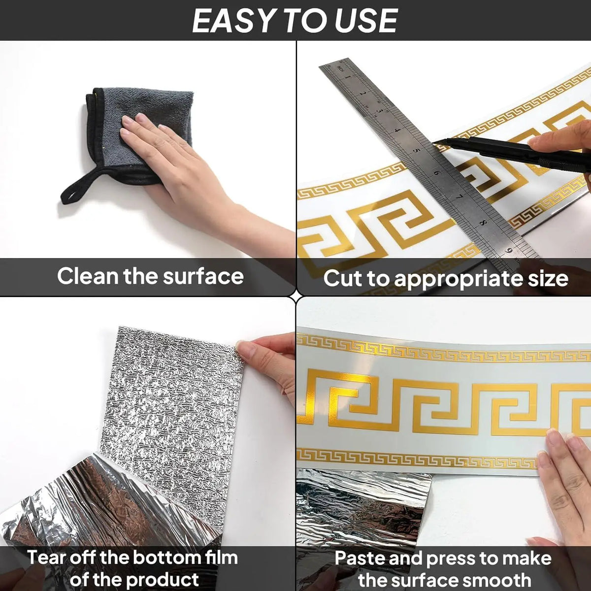 Instructions for using self-adhesive PVC foam wallpaper border trim, showing cleaning, cutting, and application.